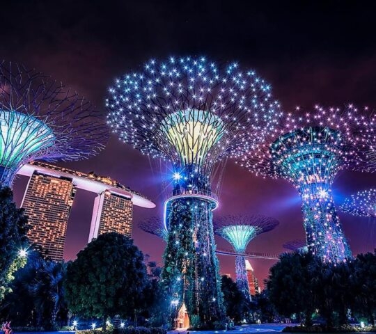 Illuminated tree-like structures at Gardens by the Bay, Singapore, with Marina Bay Sands in the background.