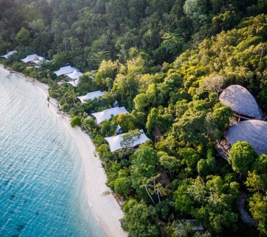 An aerial view of a beachfront resort nestled in a lush forest.