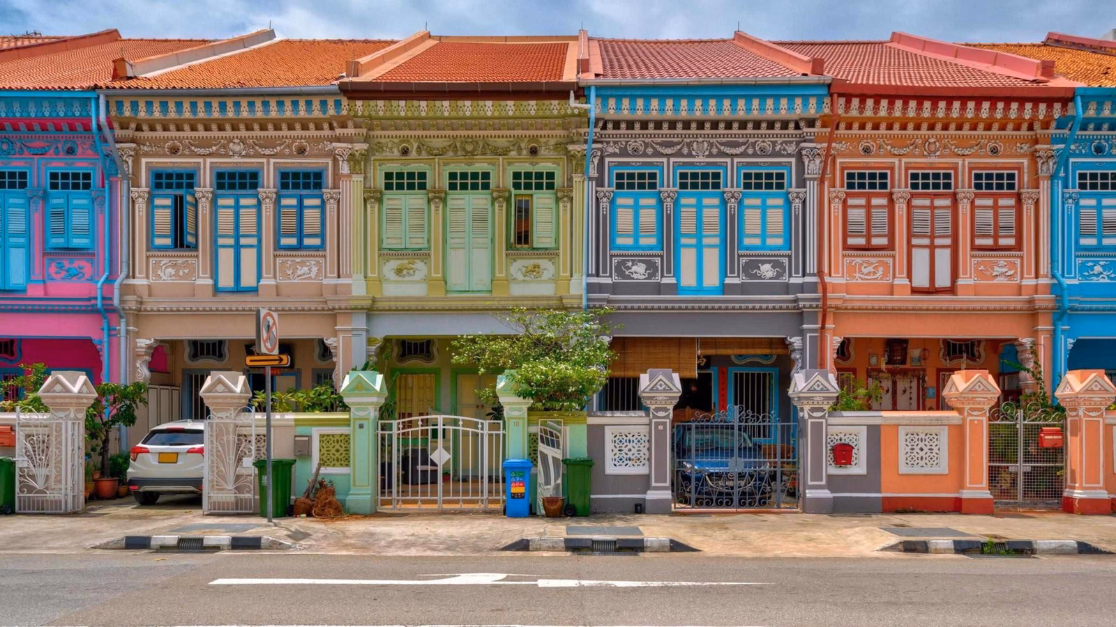 A street of colourful houses in Singapore