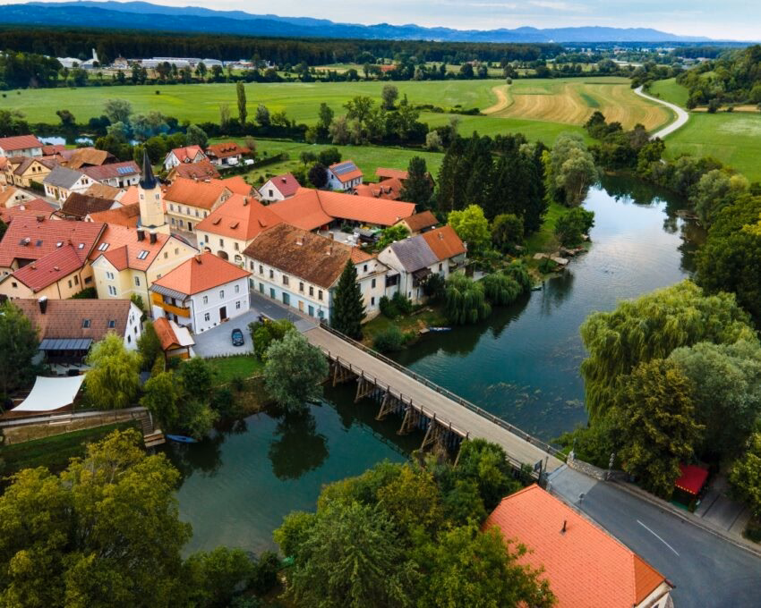 Kostanjevica na Krki Old Town Surrounded by River in Slovenia.