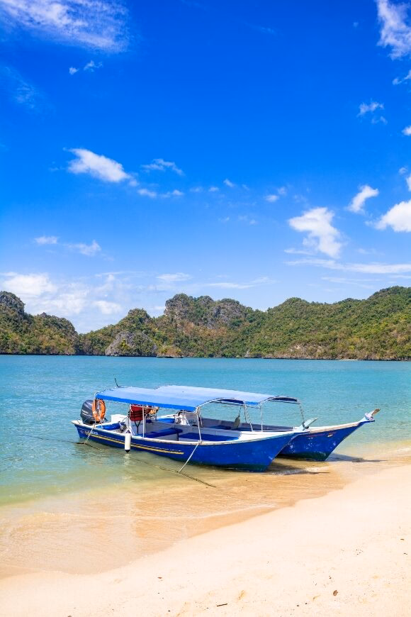 A blue and white boat moored on a sunny tropical beach with clear water and green hills.