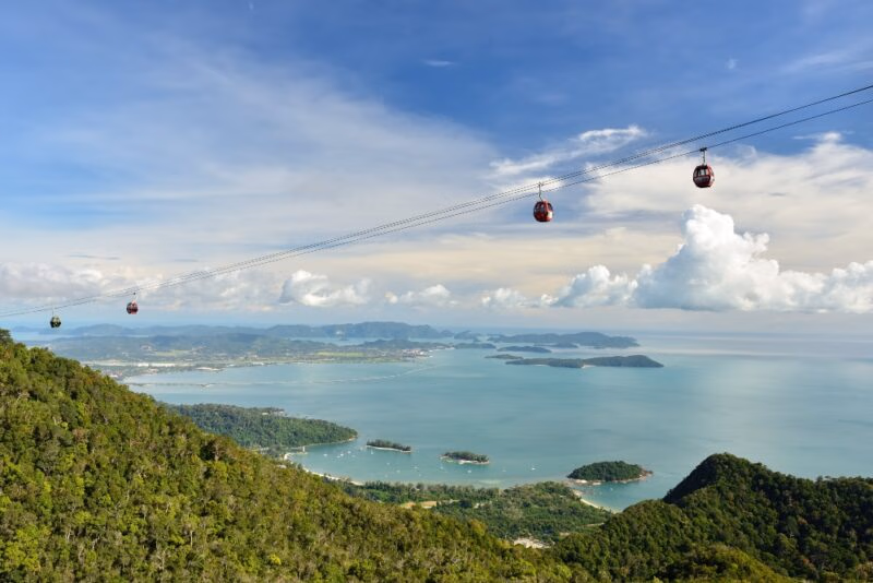 Cable cars over a tropical coast with islands and blue sea under a cloudy sky.