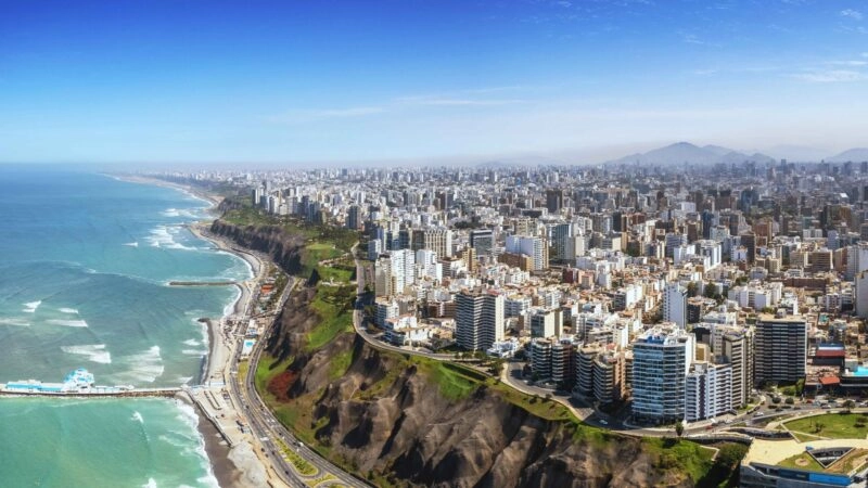 Aerial panorama of Lima, Peru along the coast