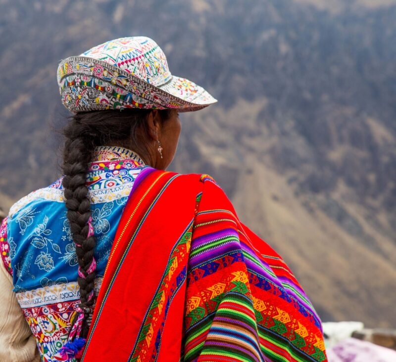 Woman in traditional Andean clothing looking at a mountainous landscape.