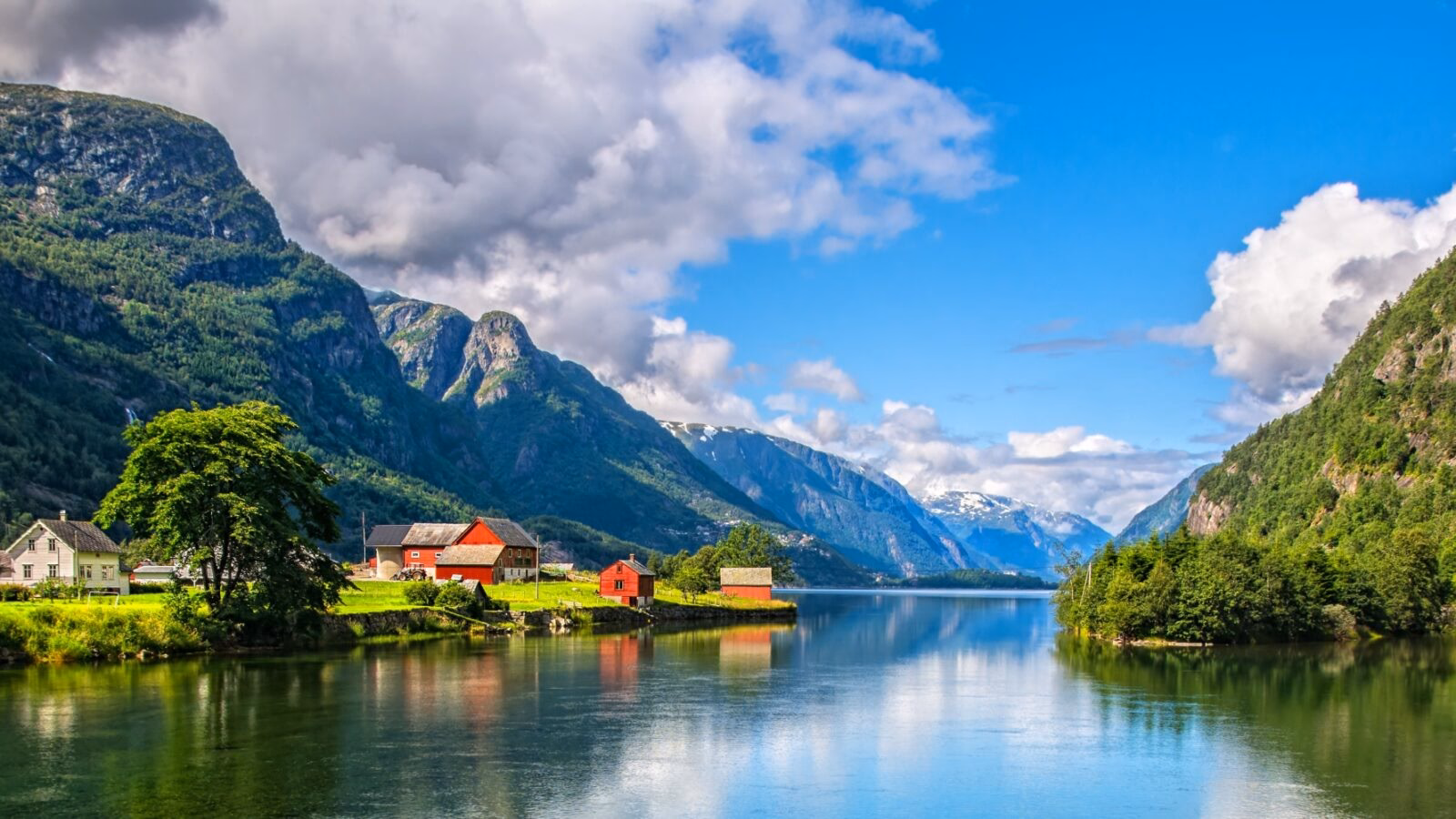 Amazing nature view with fjord and mountains. Beautiful reflection.
