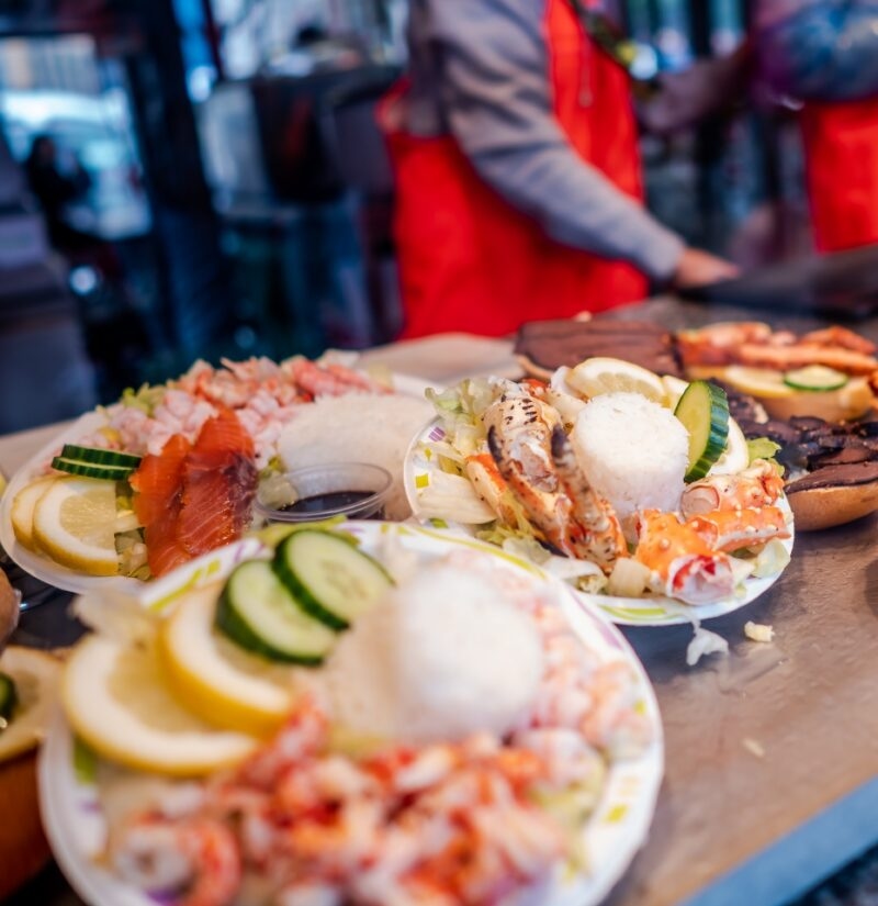 Various seafood on the shelves of the fish market in Norway, Bergen