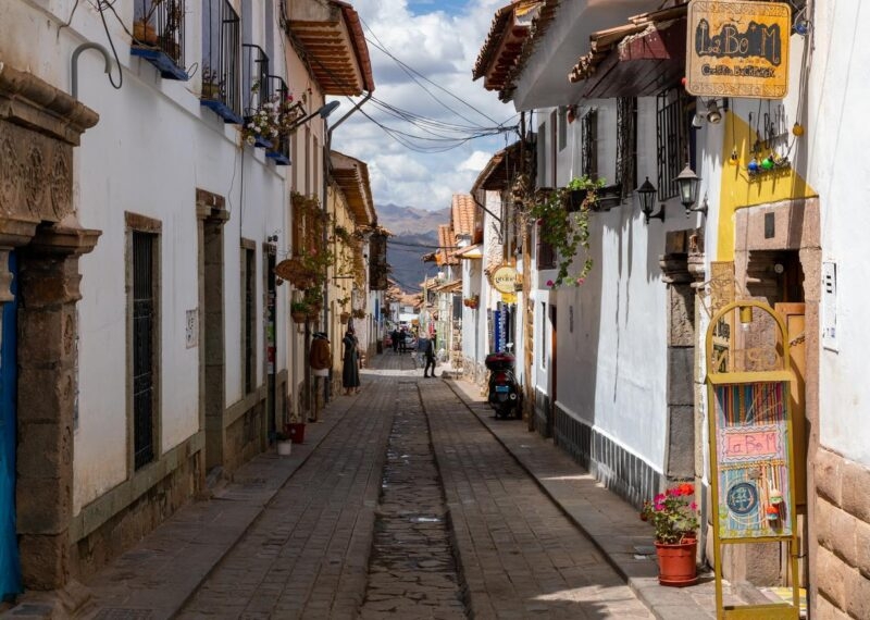 Narrow cobblestone street lined with white buildings and hanging plants, mountains in the distance.