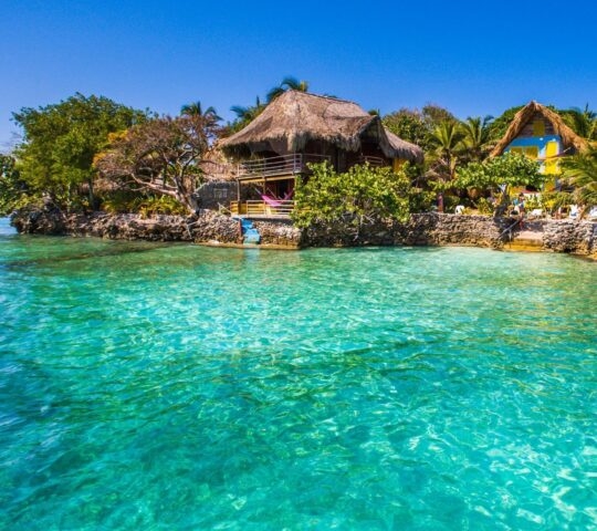 Tropical thatched-roof houses on a rocky coastline with crystal-clear turquoise waters.