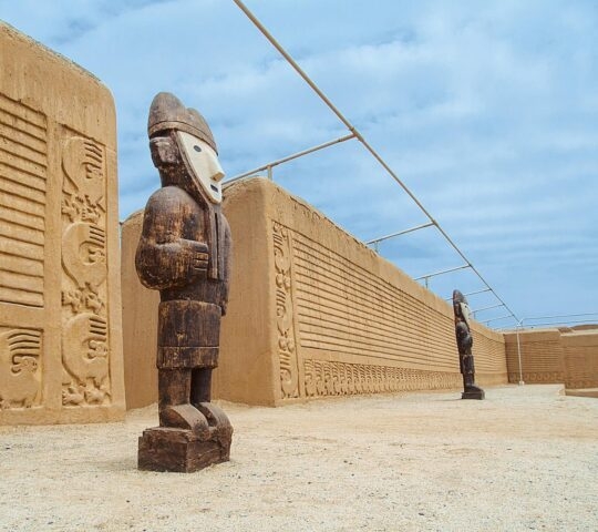 A wooden statue outside the Chan Chan citadel in Trujillo, Peru