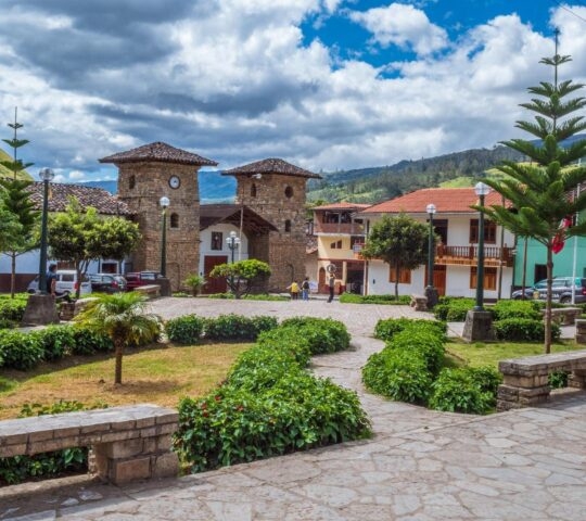The main square in the Peruvian village of Leymebamba near Chachpoyas