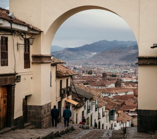 View through an archway of the streets in Cusco, Peru