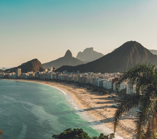 Sunlit cityscape with beachfront, palm tree, and distant mountains.