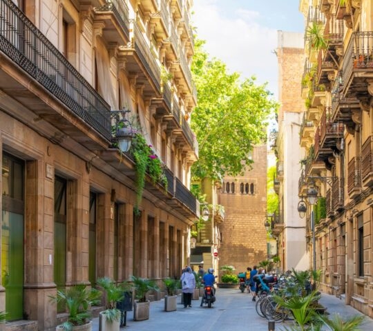 Sunny European street with people, balconies with plants, and parked bicycles.