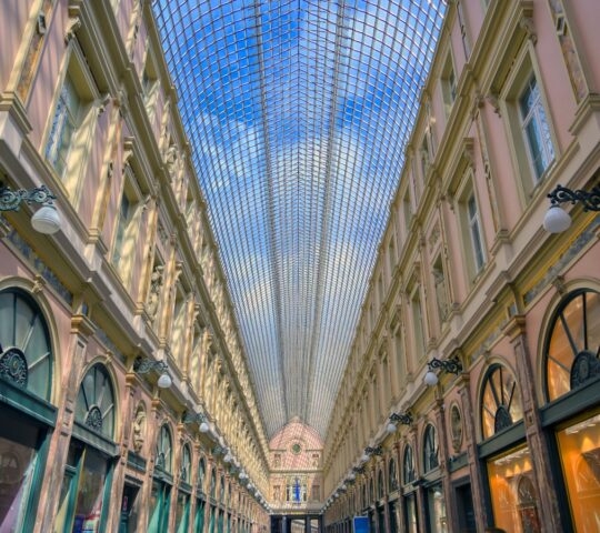 Elegant covered shopping arcade with arched glass roof and ornate facades.