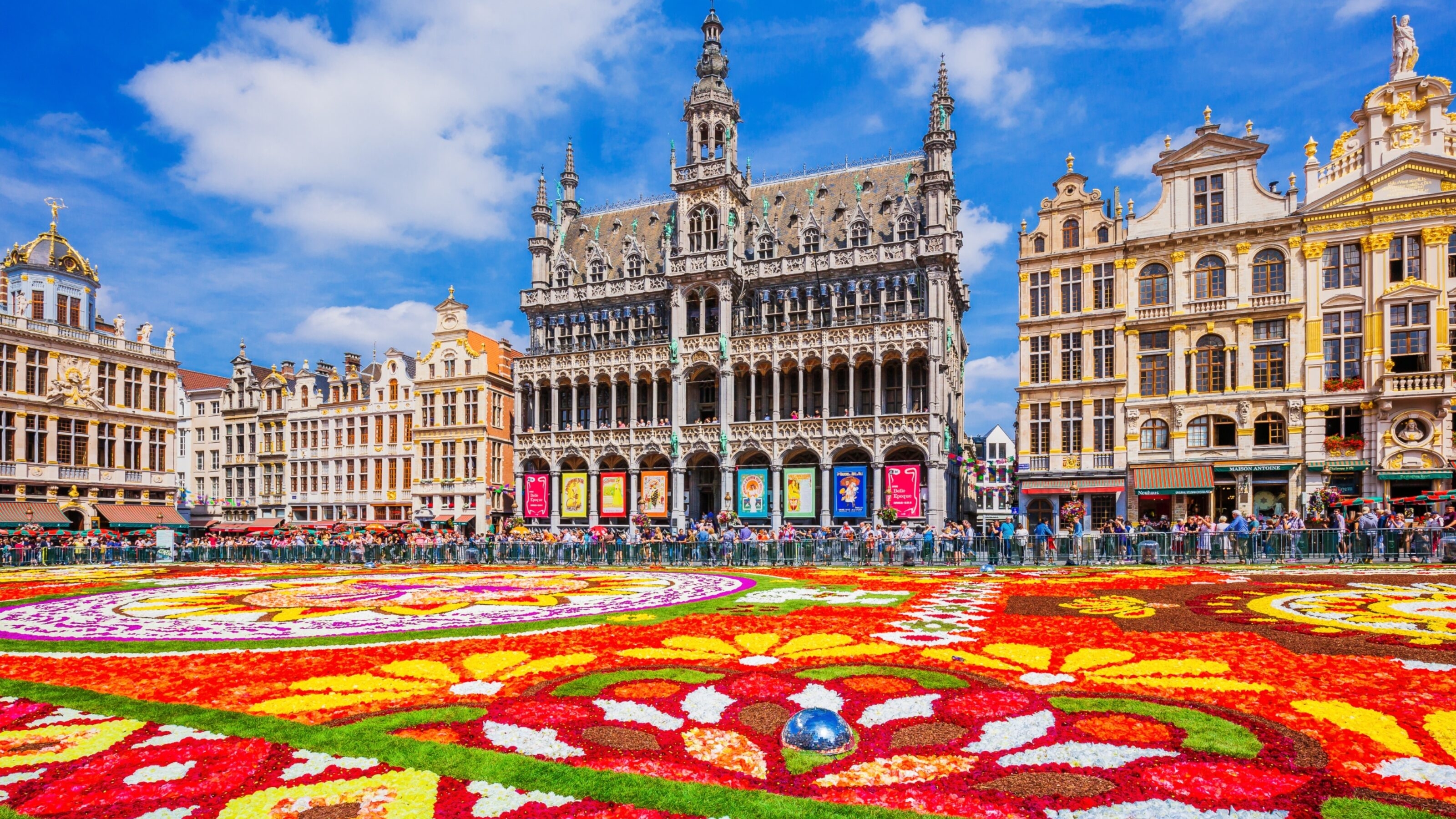 Brussels' Grand Place with a vibrant flower carpet and historic guildhalls under a blue sky.