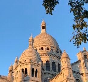 Domes of Sacré-Cœur Basilica in sunlight with tree branches above.