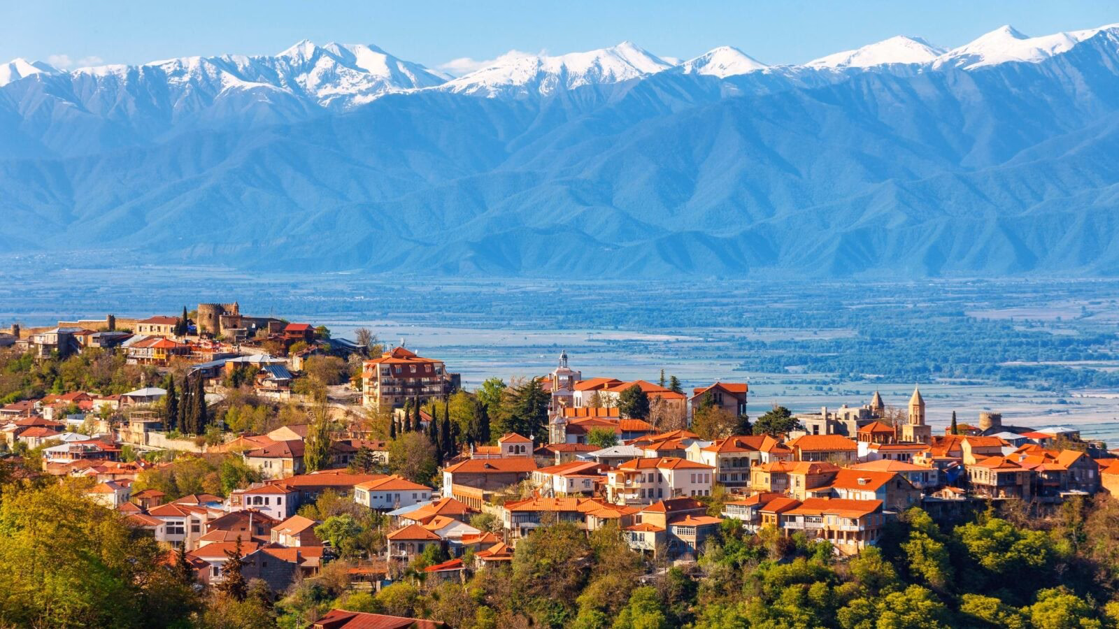 View of Signagi and Alazani Valley with mountains in the background