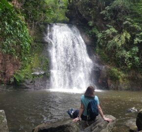 A person sits on a rock by a serene waterfall, surrounded by lush greenery and a calm pool reflecting the vibrant nature.