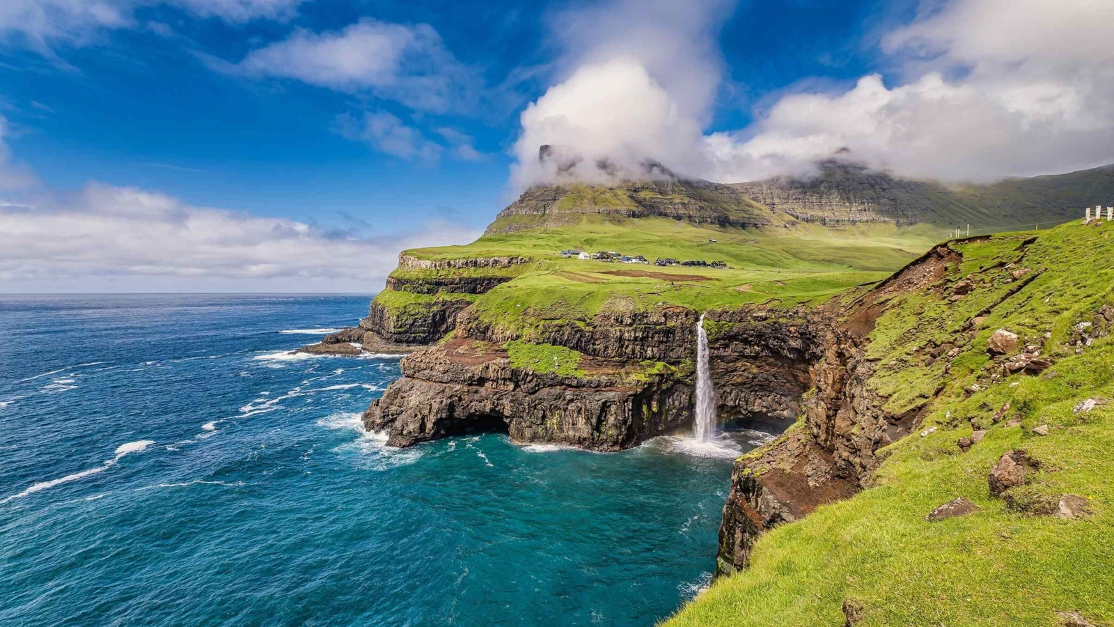 Gasadalur with Mulafossur waterfall on Vagar, Faroe Islands