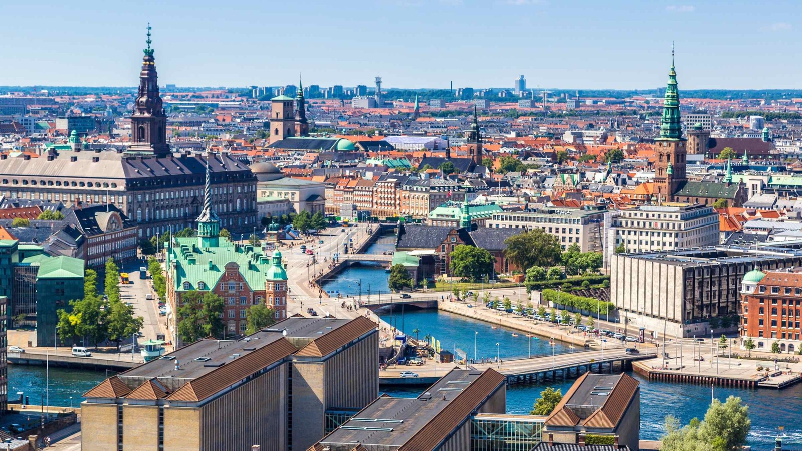 Aerial view of the river and buildings in Copenhagen, Denmark