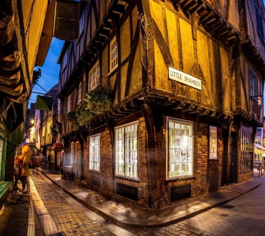 A Chirstmas night view of Shambles, a historic street in York