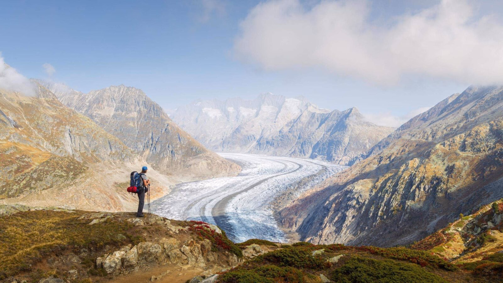 hiker contemplating the Aletsch glacier