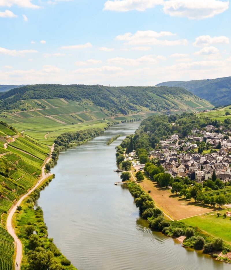 View to river Moselle and Marienburg Castle near village Puenderich - Mosel wine region in Germany