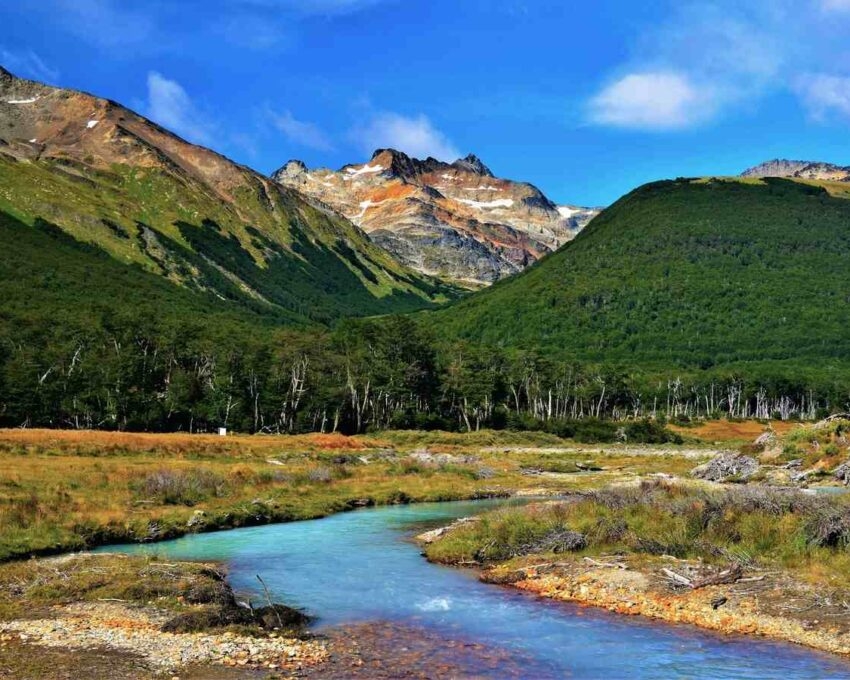 Mountain landscape of Tierra del Fuego as seen from the hiking trail leading to Esmeralda lagoon (Argentina).