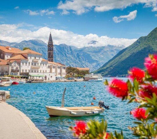 Historic town of Perast at Bay of Kotor in summer, Montenegro.