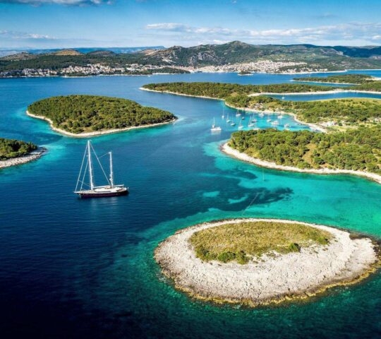 An aerial view of the Pakleni Islands, Croatia.