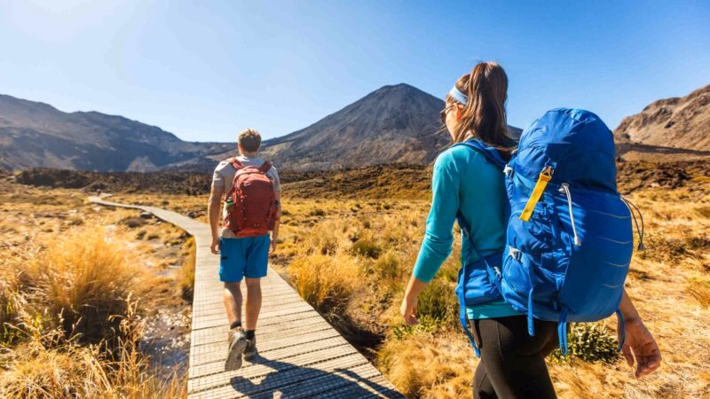 A couple hiking in Tongariro National Park, New Zealand