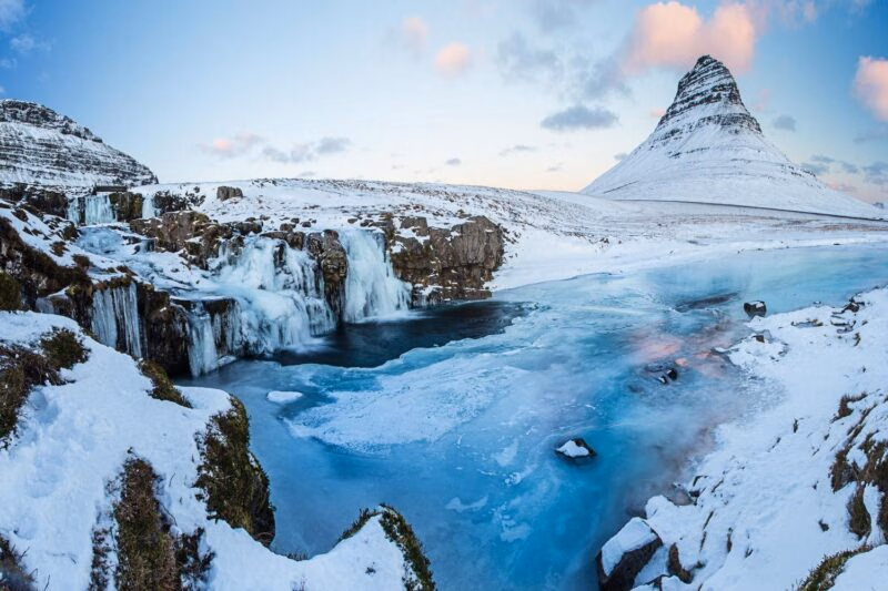 Kirkjufell waterfall with mountain in winter, Iceland