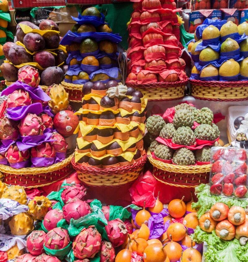 Fruit stacked at a stall in Mercado Municipal market in Sao Paulo, Brazil