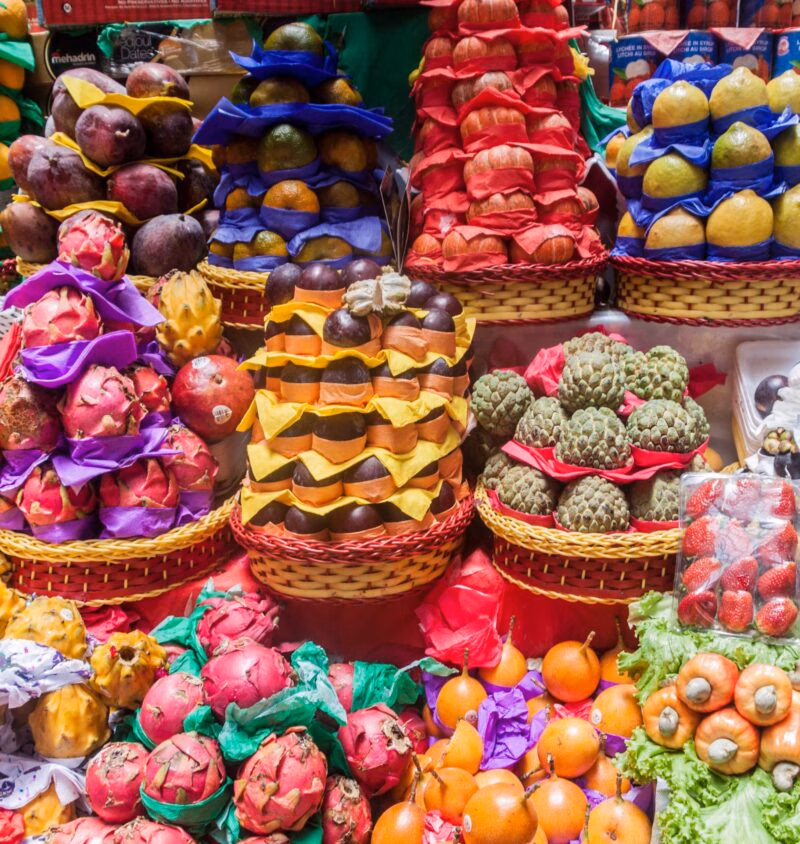 Fruit stacked at a stall in Mercado Municipal market in Sao Paulo, Brazil
