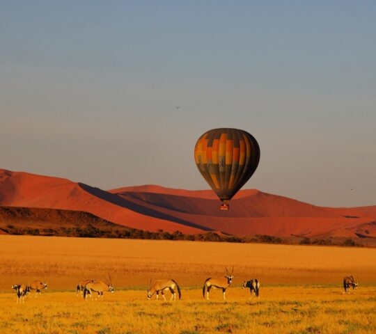 A hot air balloons floating in front of the Sossusvlei dunes in Namibia