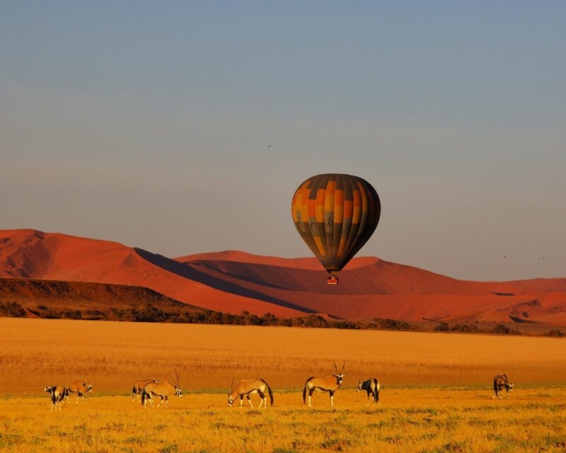 A hot air balloons floating in front of the Sossusvlei dunes in Namibia