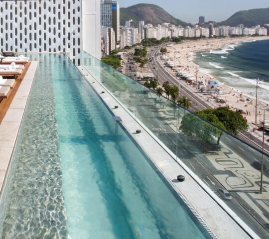 Aerial view of the rooftop pool at Emiliano Rio hotel with views over Copacabana Beach