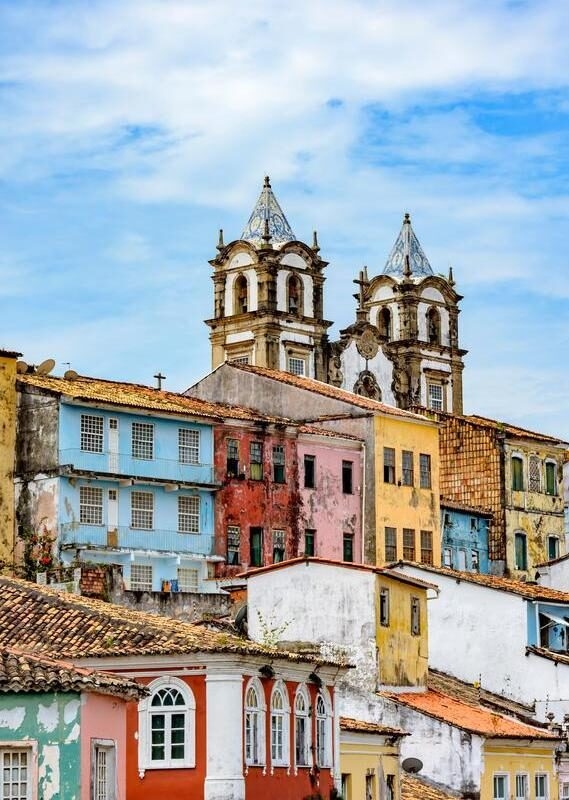 Historic church tower between the roofs of Pelourinho, Salvador