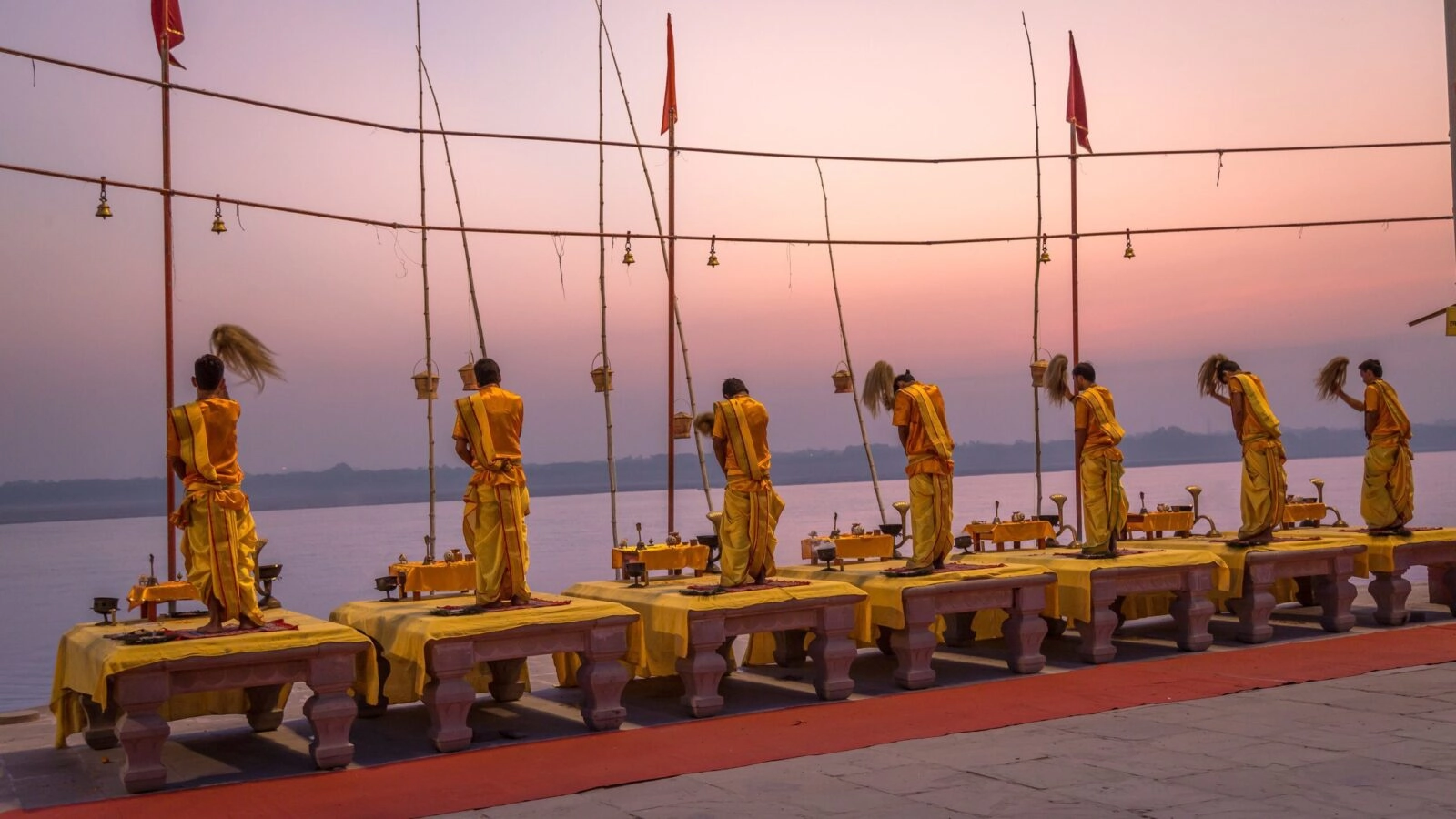 Priests performing a ganga aarti ceremony in Varanasi, India