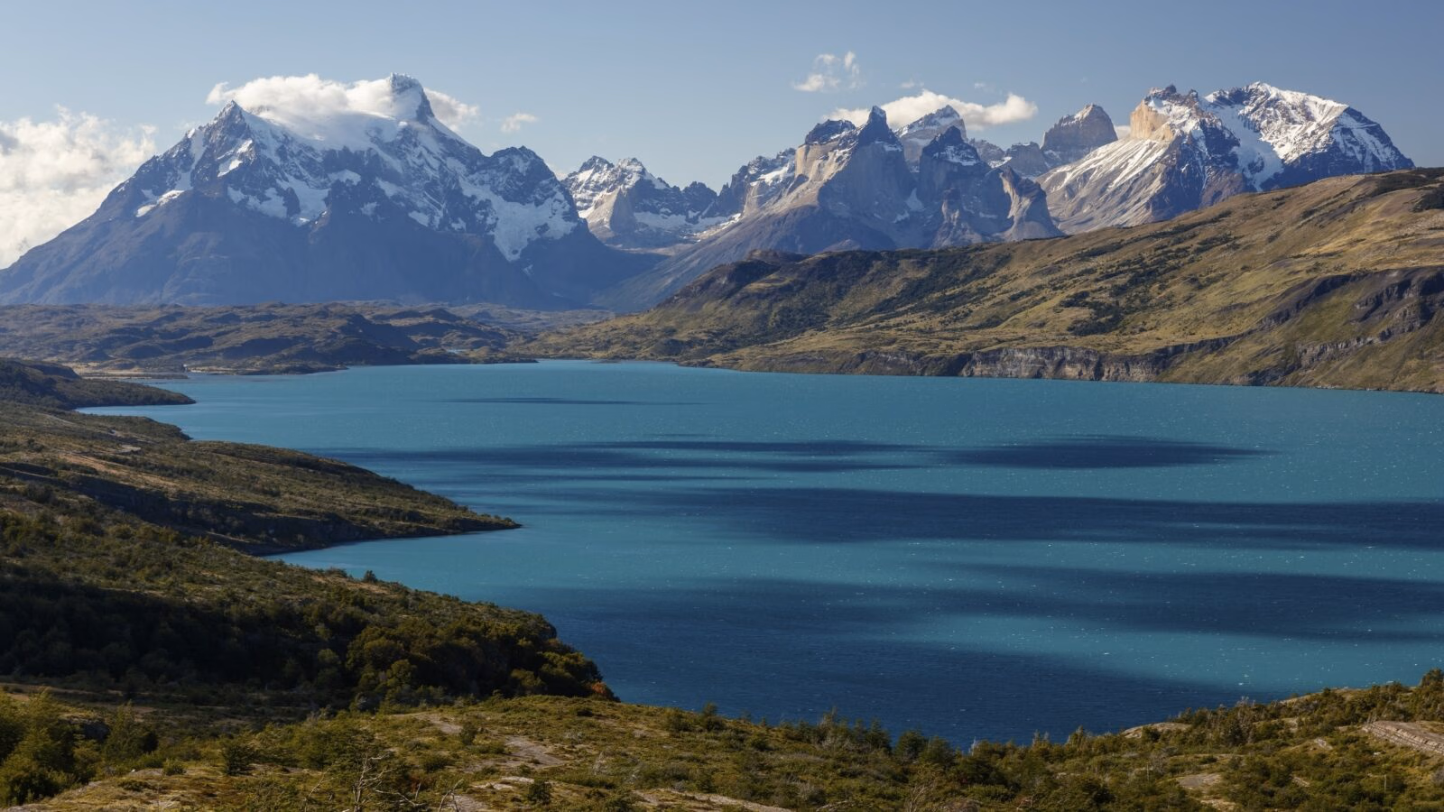 Turquoise glacial lake Lago del Toro in front Torres del Paine National Park