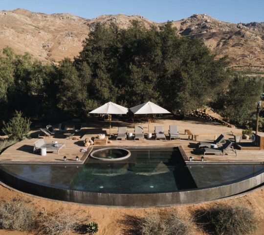 Aerial view of the outdoor infinity pool at Casa Ocho, Valle de Guadalupe