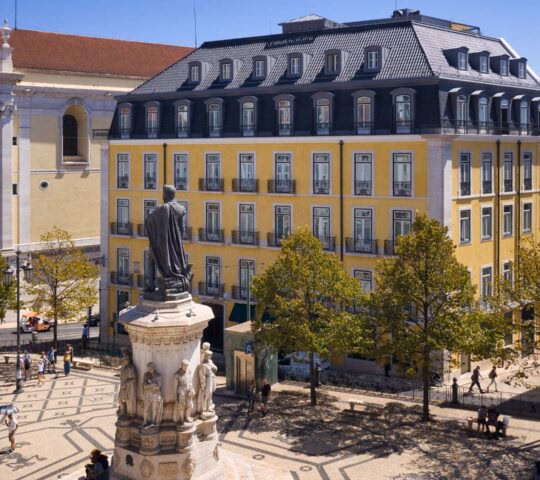 A view of the square and exterior of Bairro Alto hotel in Lisbon