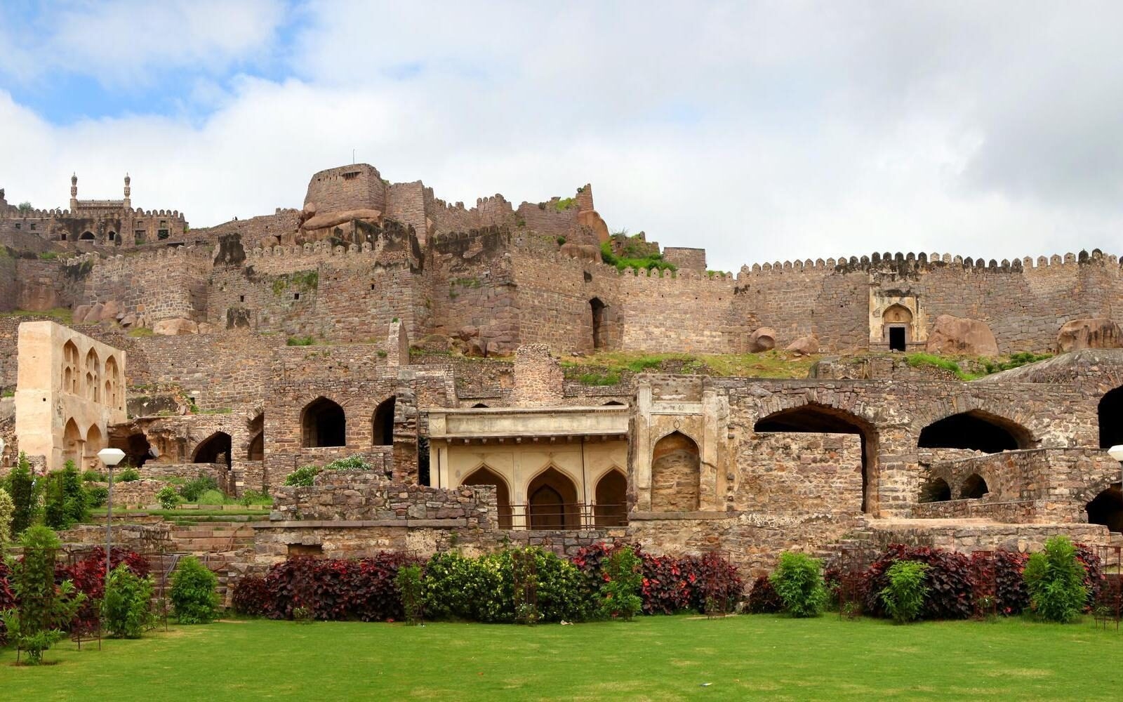 The rugged stone ramparts of the historic Golconda Fort in Hyderabad.