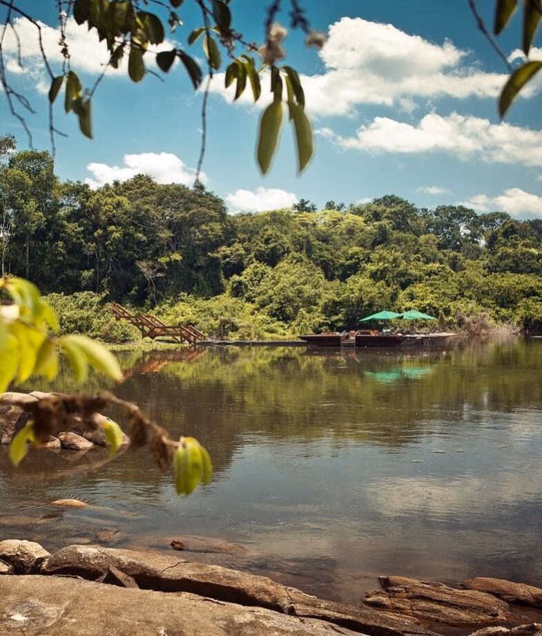 The riverside sundeck at Anavilhanas Jungle Lodge and the floating deck at Cristalino Jungle Lodge.