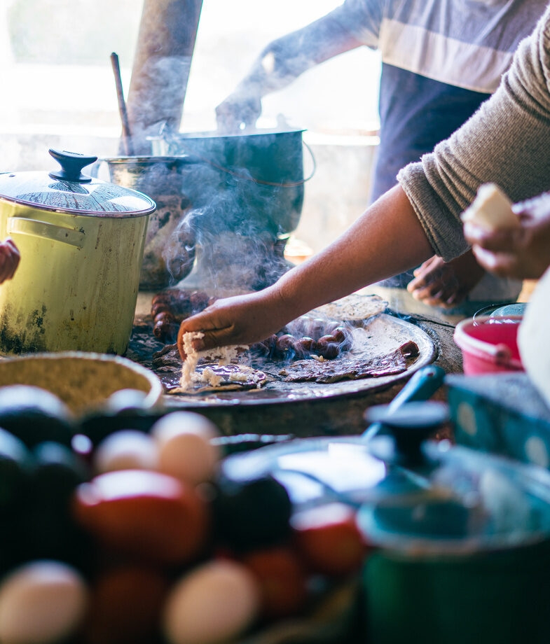 Making mole poblano, and cooking Mexican street food at a market