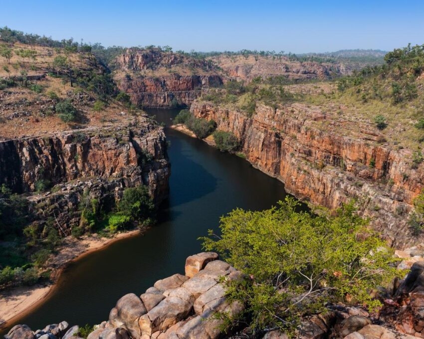 Aerial view of the Katherine gorge. Katherine river turning among the escarpment walls. Aerial view, pictured from above. Nitmiluk national park, Australia