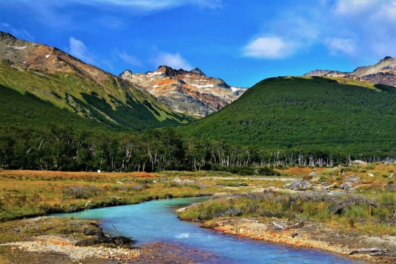Mountain landscape of Tierra del Fuego as seen from the hiking trail leading to Esmeralda lagoon (Argentina)