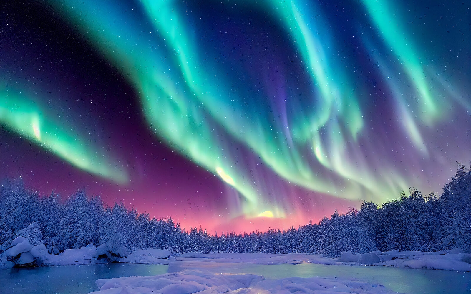 The aurora borealis or northern lights illuminating the night sky above a snowy forest in Norway.