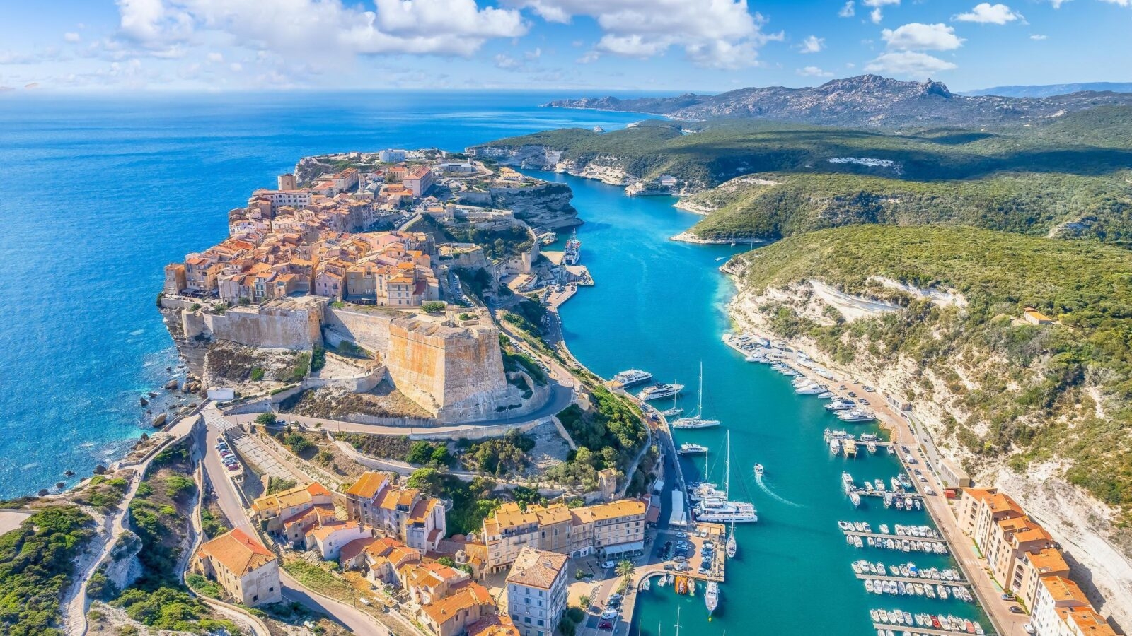 Aerial view of Bonifacio town in Corsica island, France