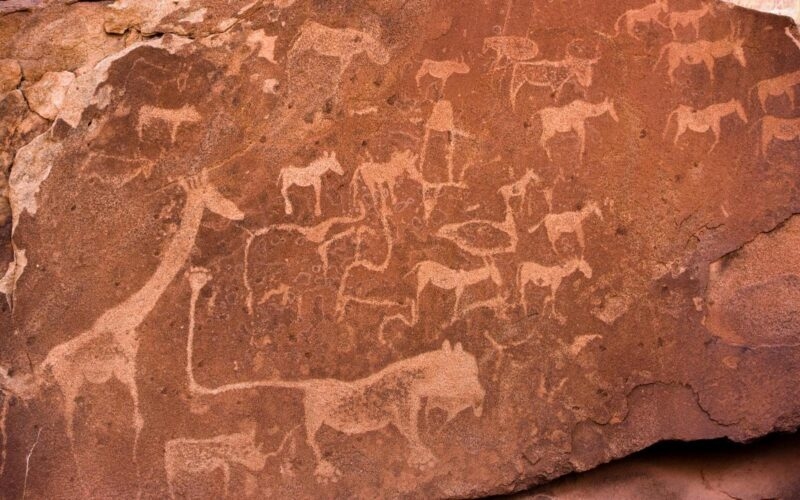 Ancient rock art in Damaraland, Namibia.